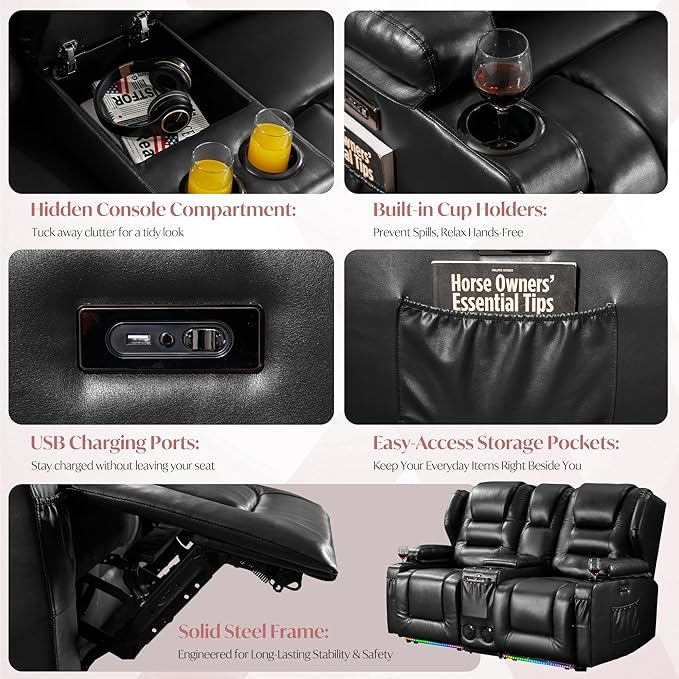Power Loveseat Recliner Sofa with ConsoleReclining Loveseat RV Recliners with Speaker/USB Ports/LED LightsPower Recliner Loveseat Sofa with Cup Holders for Living RoomBlack