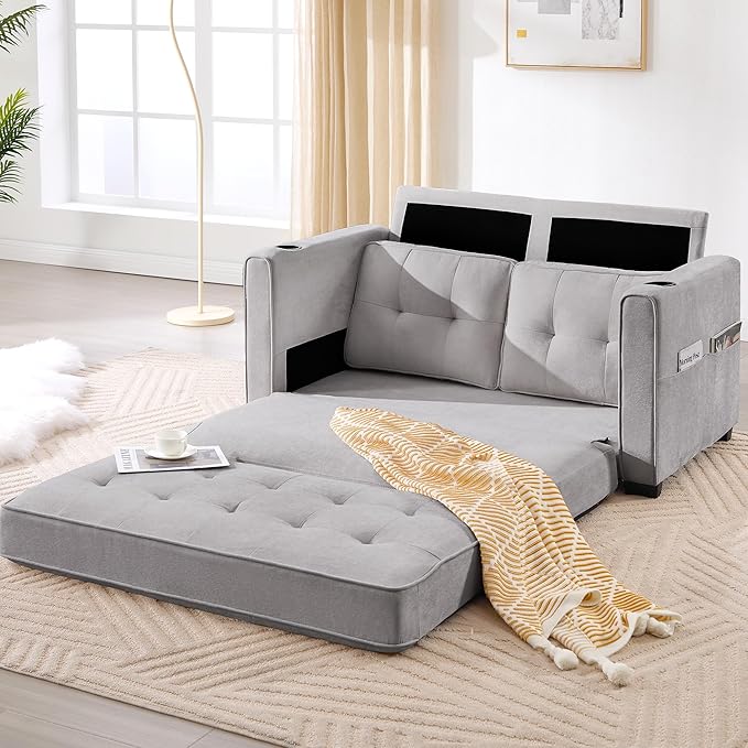 Convertible Sofa Bed Pull Out Loveseat Sleeper CouchLinen Fabric 2 in 1 Folding Couch Bed Fold Out Floor Futon Couches with Cup Holder for Living Room BedroomSmall Space Light Grey