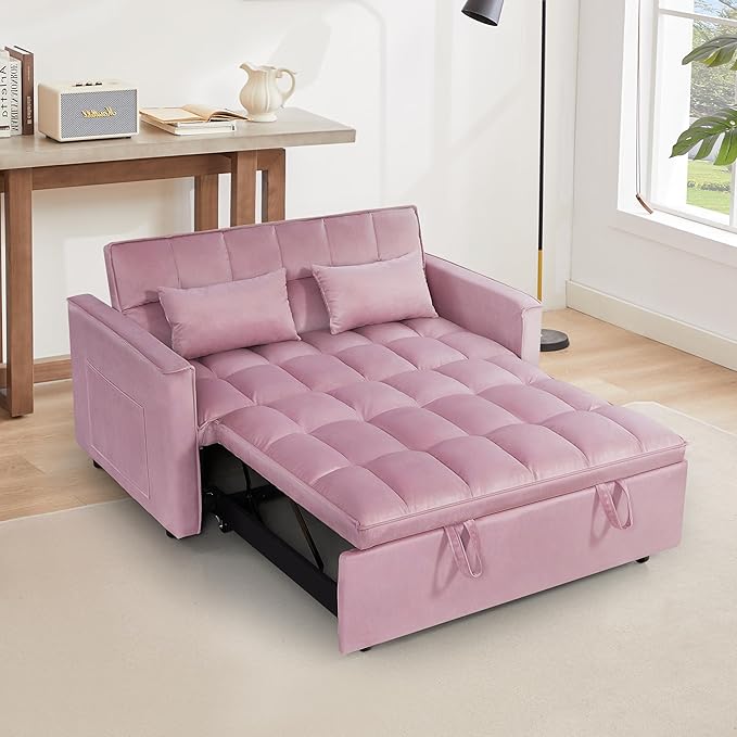 3 in 1 Convertible Sleeper Sofa Bed 54'' Full Size Velvet Pull Out Futon Couch Recliner with Reclining Backrest &amp 2 Pillows Small Loveseat Lounge Couches for Small Spaces (Pink)