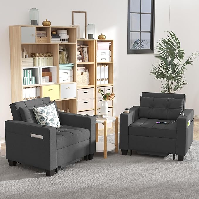 DURASPACE Pull Out Sofa Bed 3-in-1 Convertible Sofa Sleeper Chair Bed with USB Cup Holder Adjustable Armchair Beds for Small Spaces Apartment Living Room Office (Dark Gray Linen)