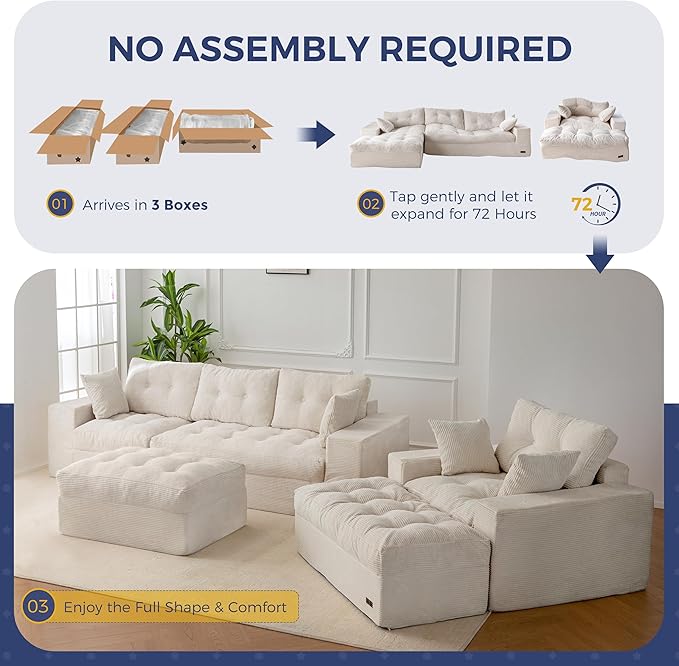 MAXYOYO Sectional Sofa Couch and Chaise Lounge L Shaped Modern Cloud Couch with Ottoman Comfy Sofa with Layered Cushion Tufted Upholstered Sleeper Chair for Living Room No Assembly Required Beige