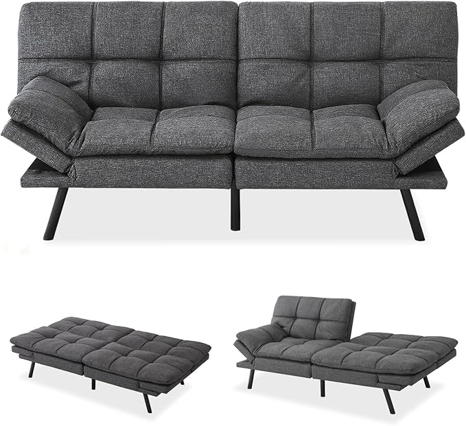 MUUEGM Memory Foam Futon Sofa Bed Adjustable Backrests Armrests Convertible Modern Design Couch for Living Room Apartment Office Small Room 71 Daybed Dark Gray