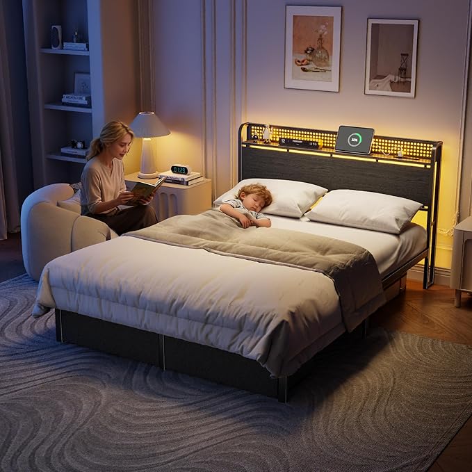Furnulem Queen Bed Frame with Headboard Storage Platform Bed Frame Queen Size with Charging Station 2 Drawers &amp LED No Box Spring Needed Noise Free Easy Assembly Rustic Grey (1000 lbs Capaci