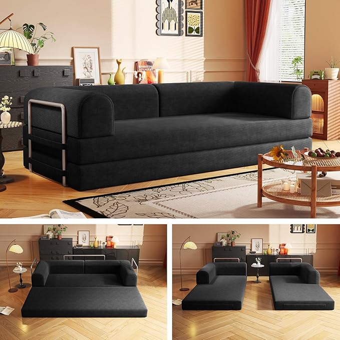 Folding Boneless Couch Convertible Sleeper Sofa Bed Futon Lounge Chair Boneless Corduroy Loveseat with Pull Out Bed Floor Sofa Modular Couch for Living Room Basement Movie Theater RoomBlack