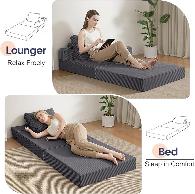 COMAX Folding Sofa Bed Foldable Couch for Bedroom Corduroy Convertible Floor Sleeper Futon Chair Foam 3 in 1 Fold Out Chair Portable Comfy Lounge Couch Single Sofa Bed for Small Space Guest Room