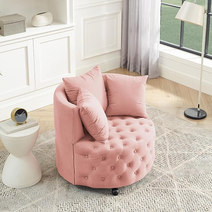 360° Swivel Accent Barrel Chair Velvet Comfy Round Chair with Button Tufted Design &amp 4 Moveable Wheels Upholstered Modern Lounge Reading Chairs for Living Room Bedroom Apartment Clubs(Pink)