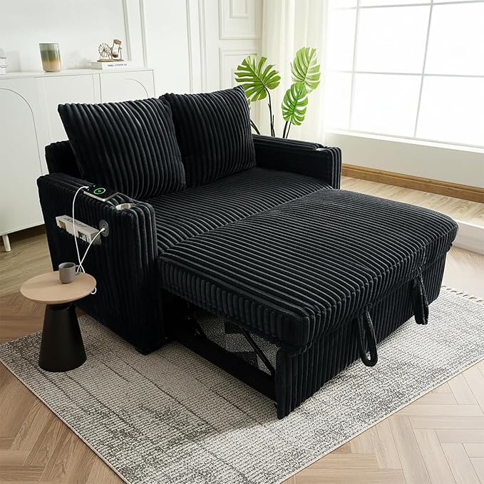 53 Corduroy Convertible Sleeper Sofa Bed with USB Port &amp Side Storage Pocket 3-in-1 Pull Out Loveseat Couch Bed with Adjustable Backrest Small Sofa for Living Room Apartment Guest Room Black