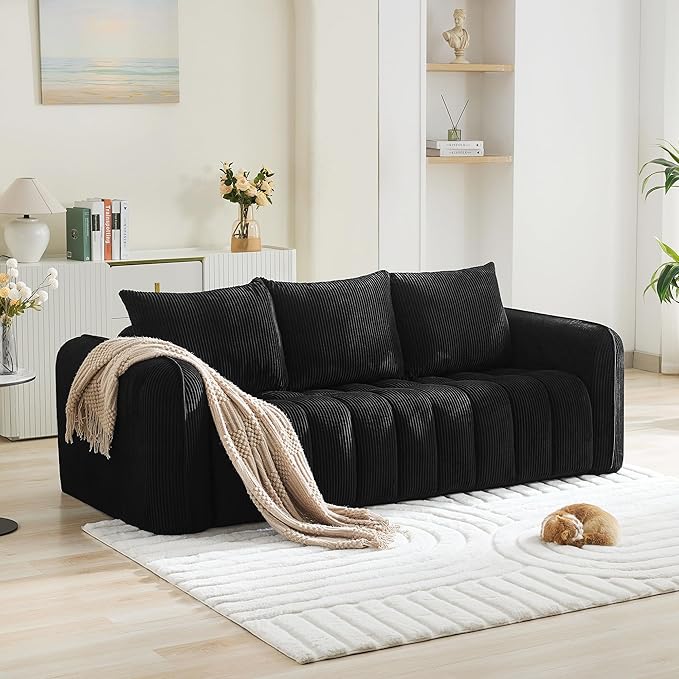 83'' Boneless Corduroy Sofa Oversized 3 Seater Deep Seat Couch with Rounded Armrest Modern Upholstered Cloud Sofa for Living Room No Assembly Black