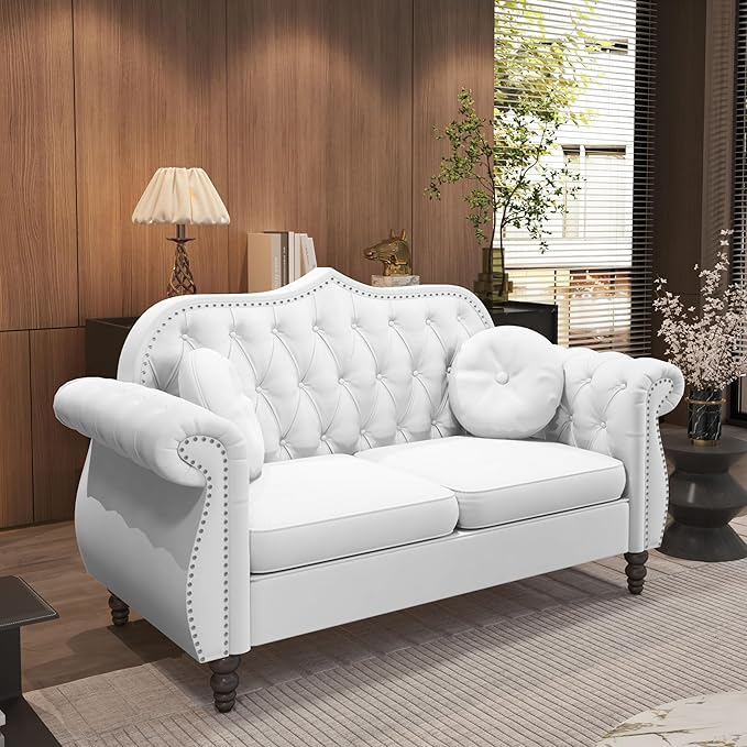 AVZEAR Chesterfield 2-Piece Living Room Sectional Sofa Set Mid-Century Modern Upholstered Velvet Sofa Couch Classic Tufted Button Sofa with Nailhead Trim for Living Room (1+2 Seat White)