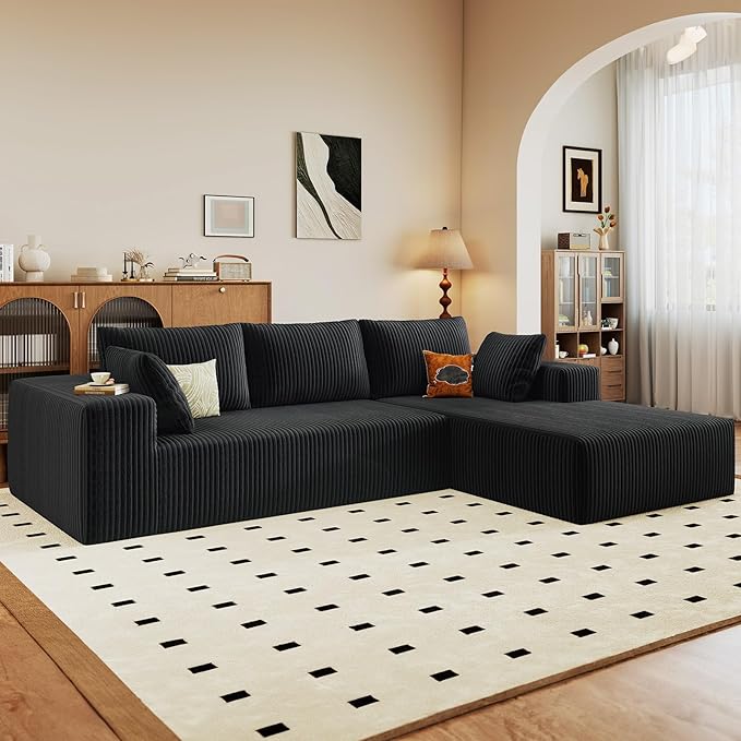 96 Modular Sectional Sofa Modern Corduroy Cloud Couch with Deep Seat Boneless Couch Upholstered 3-Seater L-Shaped Sofa for Living Room No Assembly Required (Black Right-Facing Chaise)