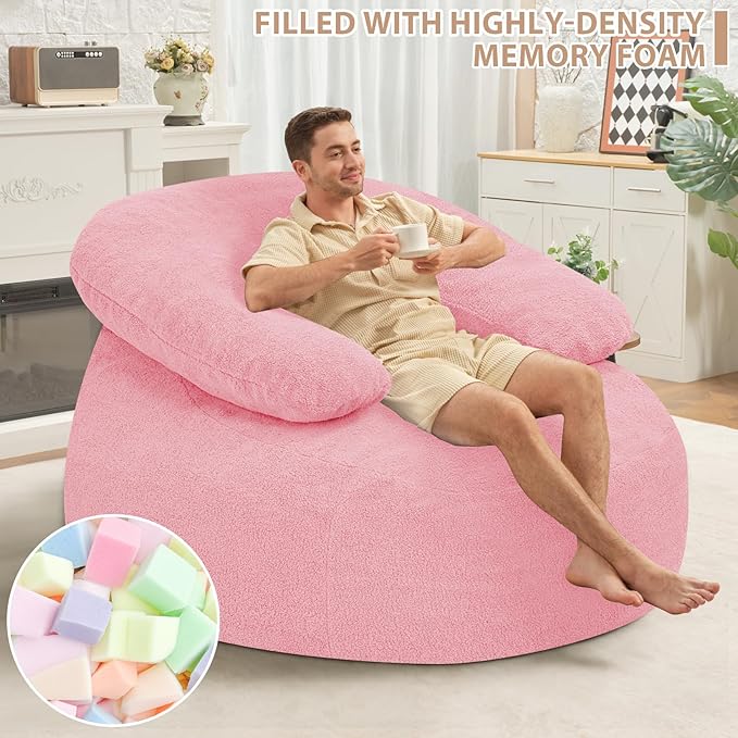 HABUTWAY Giant Bean Bag Chair Oversized Beanbag Chair with Filler Ultra Soft Teddy Fleece Bean Bag Lounge Floor Sofa w/U-Shaped Pillow for Gaming Reading Pink&amp Pink