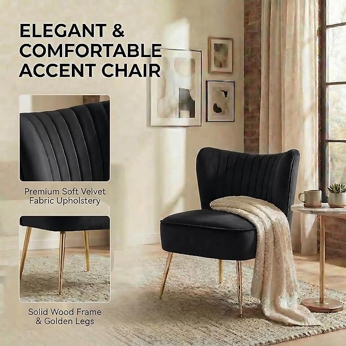 DUOMAY Modern Accent Chair Set of 2 Velvet Slipper Chair with Gold Legs Wingback Side Chair for Living Room Bedroom Entryway Small Corner Chair for Space Saving Black