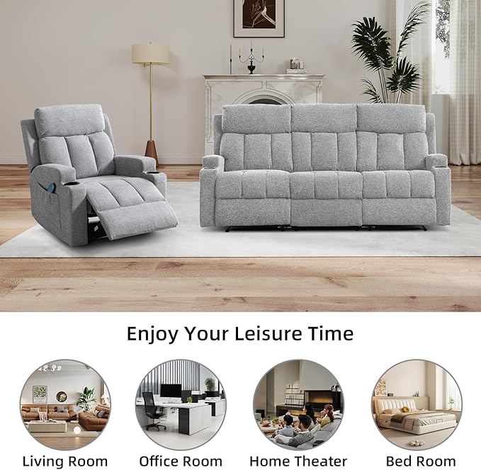 CANMOV Manual Recliner Sofa Set Fabric Recliner Living Room Furniture Sets 1 Seat Reclining Chair and a 3 Seate Sofa Furniture Set with Side Pockets and Cup Holders Light Grey