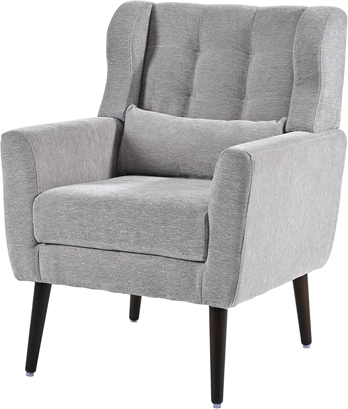 Modern Accent Chair Chenille Fabric Upholstered Tufted Side Chair Wingback ChairMid Century Reading Armchair with Waist Pillow Backrest for Living Room Bedroom (Grey)