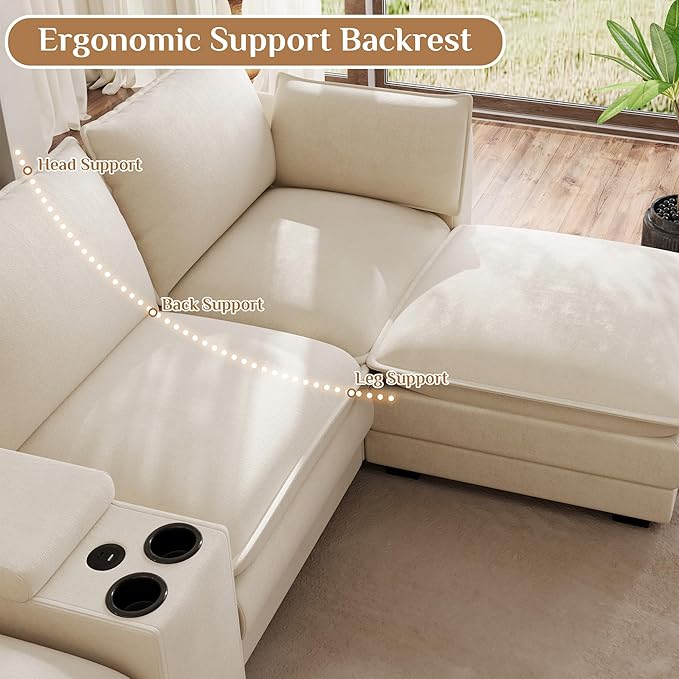 145'' Oversized Modular Sectional Sofa U Shaped Cloud Sectional Couches for Living Room Deep Seat Sofa with Central Console USB Port Cup Holders Movable Ottomans (Beige White)