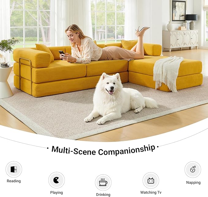108'' Modular Sectional Sofa Bed Convertible Folding Sofa Bed With Removable Backres Boneless Cloud Couch with Deep Seat Modern Fold-Out Futon Couch Bed for Living Room No Assembly RequiredYellow