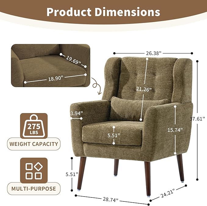 Modern Accent Chair Upholstered Arm Chair with Waist Pillow Single Sofa Chair for Living Room Bedroom Small Spaces (Olive)