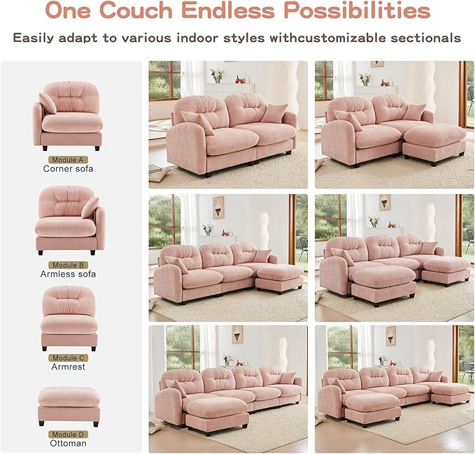 74 Oversized Modular Sectional Sofa Pink Large Sectional Couches for Living Room Chenille Fluffy Sofa Set Cloud Love Seat Comfy Modular Couches with 1 Ottoman Modern Sofas para Sala L Shaped
