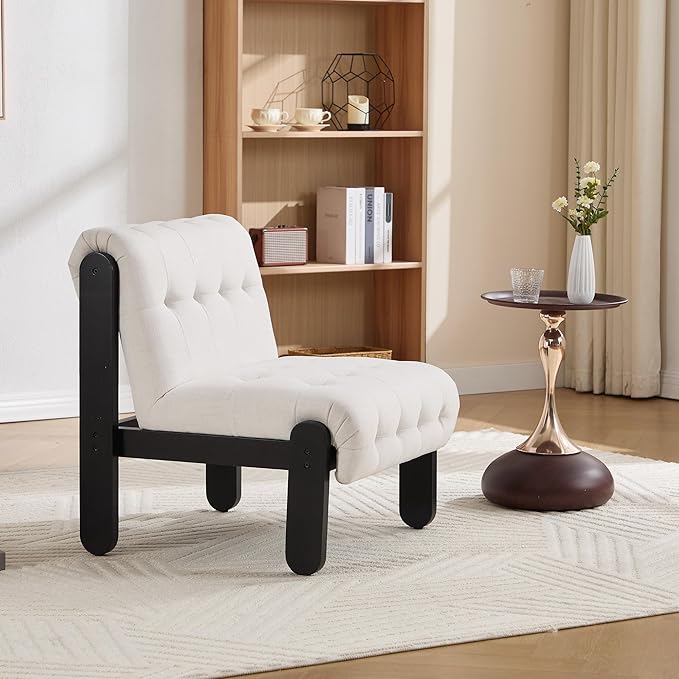 Modern Armless Accent Chair for Living Room Beige Chenille Button Tufted Upholstered Lounge Reading Chair with Black Wood Frame