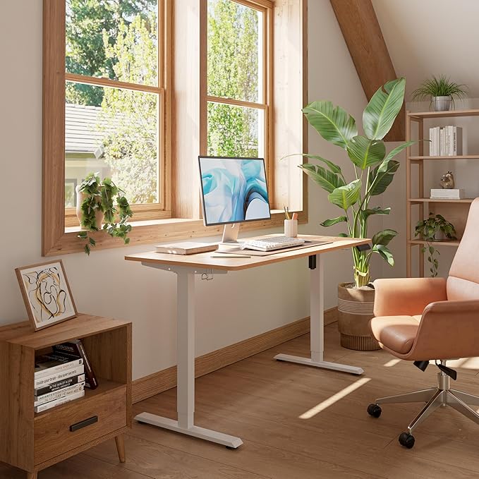 FEZIBO One-Piece Standing Desk Adjustable Height Stand up Home Office Desk 55x24 Inch Electric Standing Computer Desk with 4 Memory Presets Headphone Hook Light Rustic