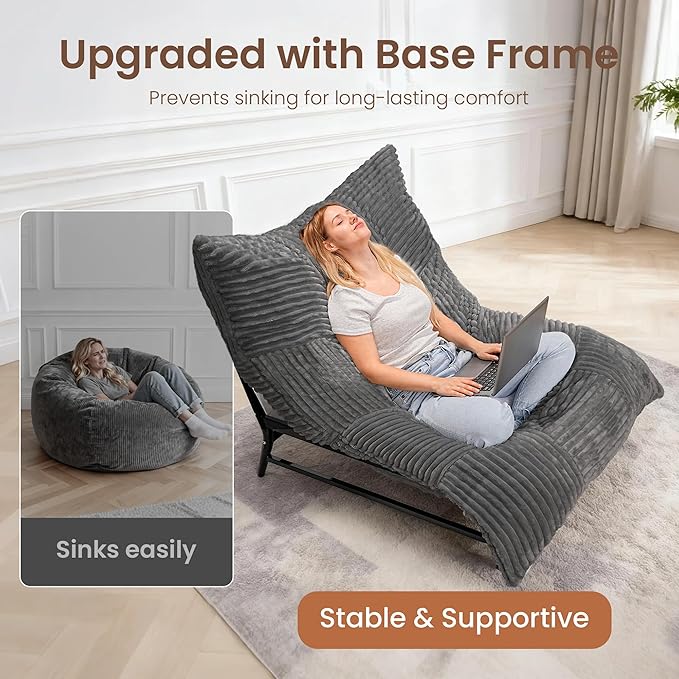Modern Accent Chair Giant Bean Bag Lounge Chairs with Sturdy Metal Frame &amp Washable Cover Comfy Upholstered Chair for Reading Room Bedroom Grey