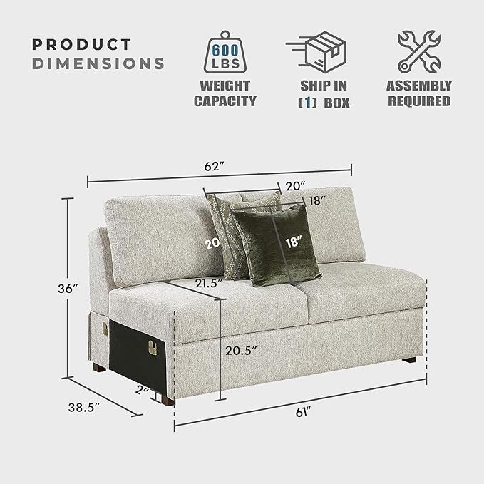Lexicon Modular Sectional Sofa Module for Sectional Couch Armless 2 Seater 2 Pillows Removable Back Cushion Cover Microfiber Sand