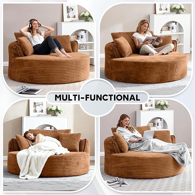 Oversized Round Chair Lounge Chaise Indoor 53.5 Corduroy Boneless Round Chair Fluffy Single Deep Seat Cloud Sofa Chairs Modern Circle Chaise Lounge for Bedroom Living Room Orange