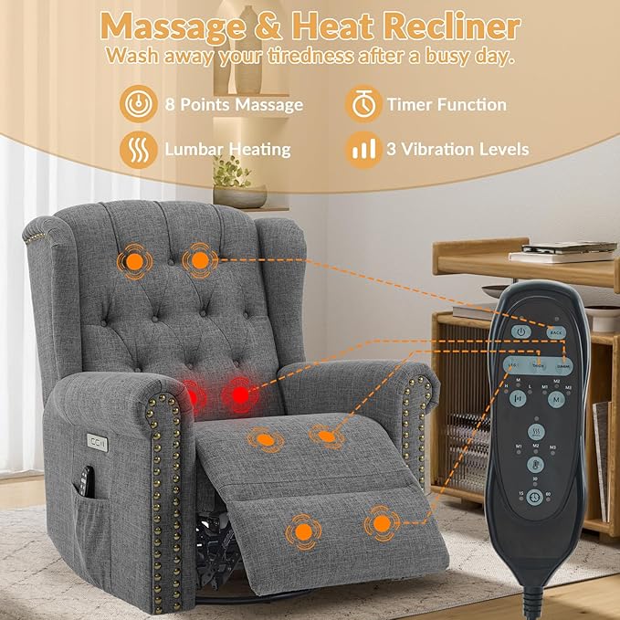 Power Swivel Rocking Glider Recliner Chair Electric Nursery Reclining Sofa Chair with Heat and Massage Wingback Tufted Upholstered Recliner for Living Room USB and Type-C Ports Grey
