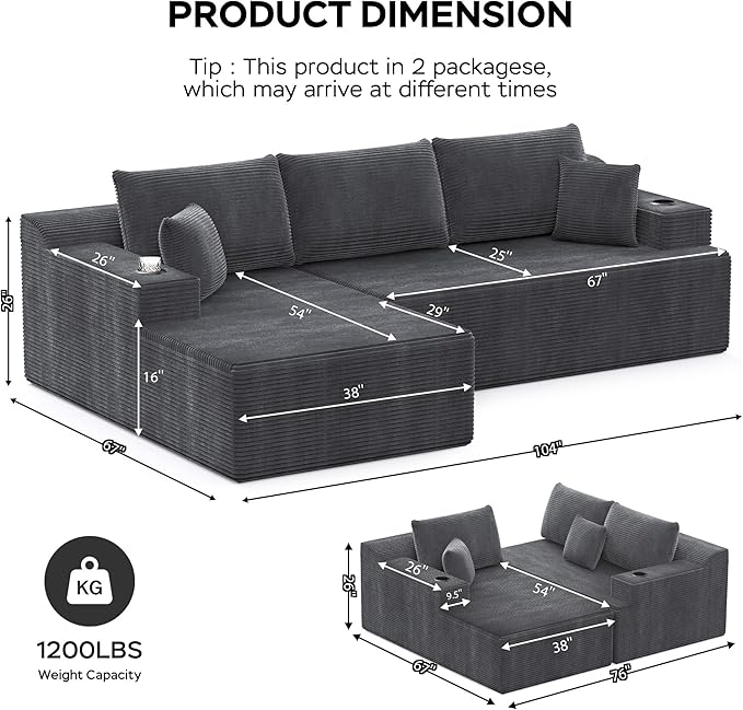 105 Modular Sectional Couch L-Shaped Sofa with Plush Corduroy Fabric Boneless Couches for Living Room Cloud Sofa Deep Seat Corner Couch with 3 Back Pillows &amp 2 Accent Pillows Grey