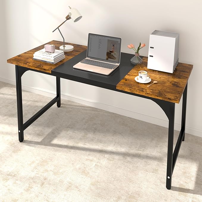 StarGraph Modern Computer Desk 55 Inch Large Office Desk with Carbon Fiber Desktop Home Office Desks with Sturdy Metal Frame Gaming Study Writing Work from Home Desks Rustic Brown