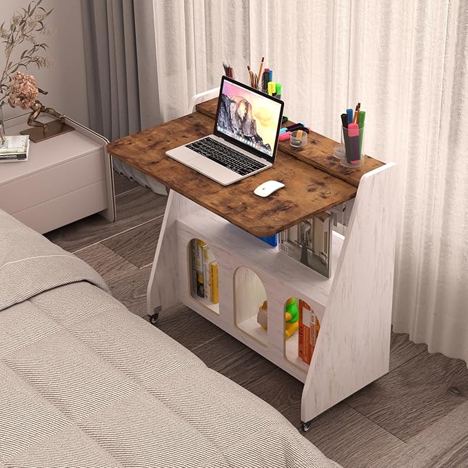 Pmnianhua Home Office Desk with WheelsMultipurpose Mobile WorkstationRolling Computer Writing Desk with 4 Lockable Wheels and Storage(Rustic Brown)