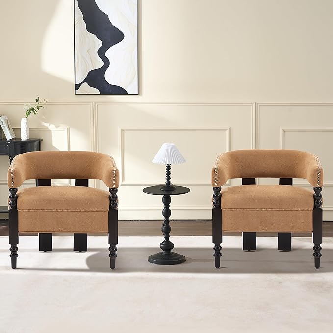 LOULENS Barrel Accent Chair for Living Room | Vintage Linen Upholstered Lounge Chair with Solid Wood Legs Armchair for Bedroom Reception Room &amp Reading Nook Brown