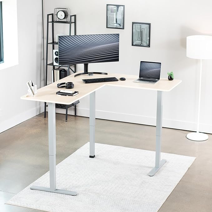 VIVO Corner Standing Desk 63 x 55 inch Reversible L-Shaped Workstation Electric Height Adjustment Home Office and Reception Rooms Light Wood Table Top Gray Frame DESK-E3CTGC