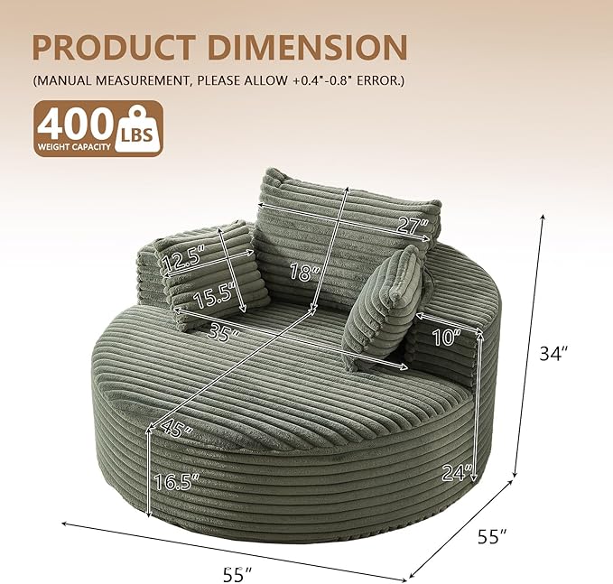 Oversized Round Chaise Lounge Chair Indoor 55'' Corduroy Deep Seat Circle Single Floor Sofa Chairs Modern Upholstered Sponge Armchair Cloud Sleeper Chair for Living Room Bedroom Apartment Green