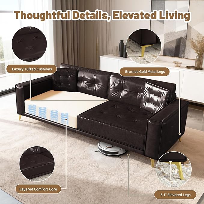 92 King Pull Out Sofa Bed PU Leather Convertible Sleeper Couch with Tufted Design Oversized 4-Seater Modern Mid Century Sectional Couch for Living Room Small Spaces Dark Brown