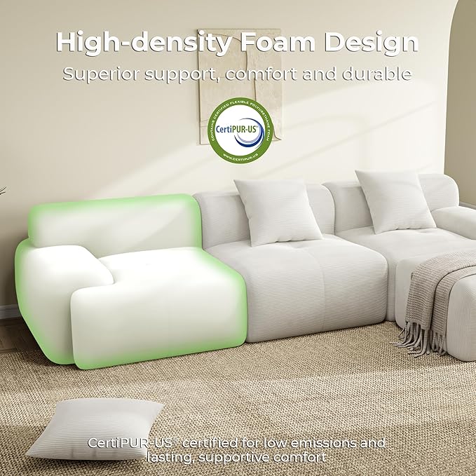 LIKIMIO 118 Modular Sectional Sofa with Ottoman L-Shaped Boneless Couch with Deep Seat for Living Room No Assembly Required Corduroy Upholstery Beige