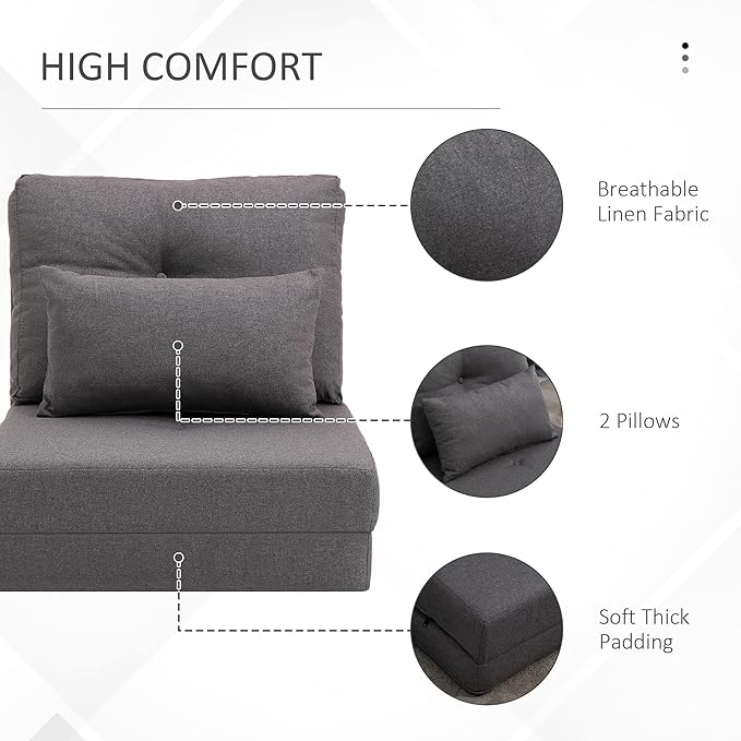 HOMCOM Convertible Flip Chair Floor Lazy Sofa Folding Upholstered Couch Bed with Adjustable Backrest Metal Frame and Pillows for Living Room Bedroom Dark Grey