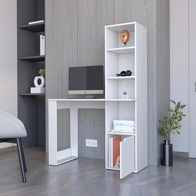 Home Office Desk Computer Desk with 4-Tier Bookcase and 1-Door Cabinet White