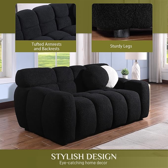 65 Boucle Loveseat Sofa Comfy Upholstered Sherpa Deep Seat Cloud Couch Cozy Modern Tufted 2-Seater Love Seat with 2 Pillows for Living Room Apartment Bedroom Black