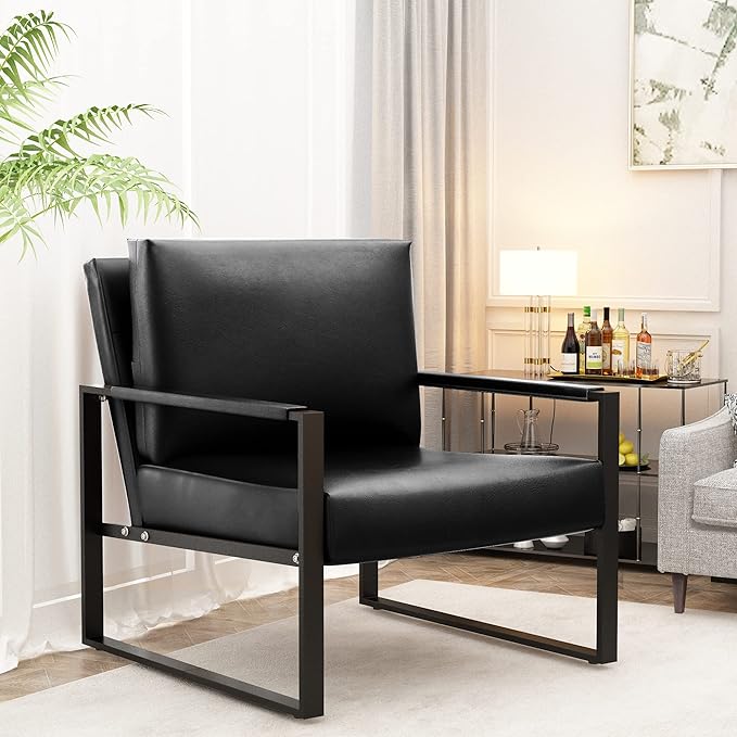 Recaceik Leather Accent Chairs Midcentury Modern Armchair with XL Ergonomic Cushion Sturdy Metal Frame Anti-Scratch Foot Mats Single Sofa Chair for Living Room Black 22.83D x 28.35W 33.46H in
