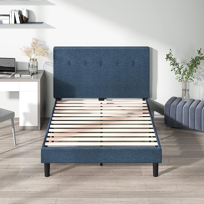 Zinus Omkaram Upholstered Platform Bed Frame Mattress Foundation Wood Slat Support No Box Spring Needed Easy Assembly Full Navy