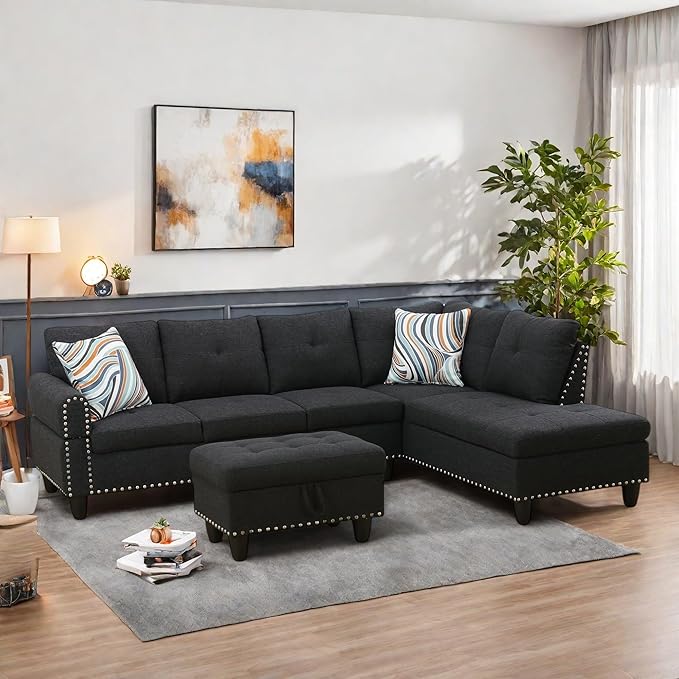 L Shaped Sectional Sofa with Ottoman Linen Modern Couches Nail-Head Design with Cup Holder for Living RoomOffice Bedroom Dark Grey