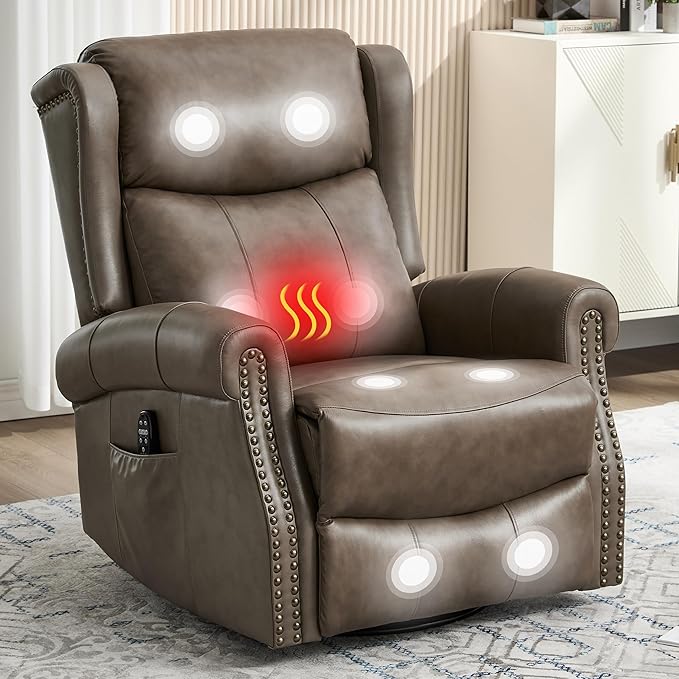 Manual Rocker Swivel Recliner Chair for Adults Vibration Massage Reclining Glider Chair with Lumbar Heat Rivet Design Single Sofa for Living Room Genuine Leather Camel Brown