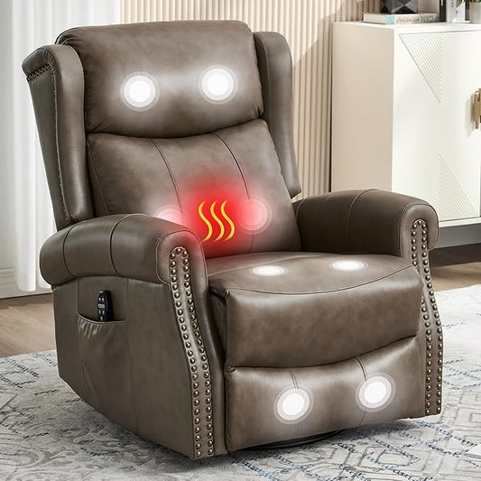 Manual Rocker Swivel Recliner Chair for Adults Vibration Massage Reclining Glider Chair with Lumbar Heat Rivet Design Single Sofa for Living Room Genuine Leather Camel Brown