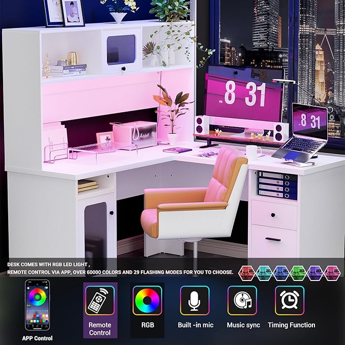 Unikito L Shaped Desk with Drawers 60 Inch Office Desk with Power Outlet and LED Lights Sturdy Corner Computer Desk with Hutch and File Cabinets 2 Person Home Office Gaming Table White