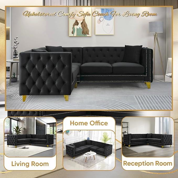 Velvet L Shaped Sofa Couch Upholstered Sectional Couch with Tufted Back and Rivet Decoration Modern 5 Seater Corner Sofa with Golden Tapered Legs and 3 Pillows Comfy Couches for Living Room Black