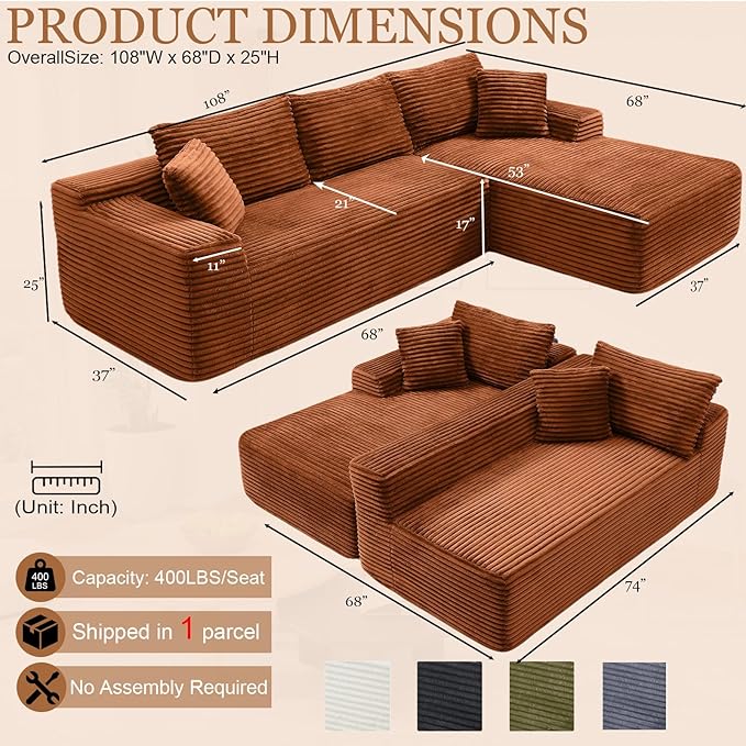 108 Cloud Sectional Couch Modern Boneless Couch with L-Shape Chaise Deep Seat Modular Sectional Sofa Corduroy Corner Couches for Living RoomNo Assembly Required (Orange Right Facing Chaise)
