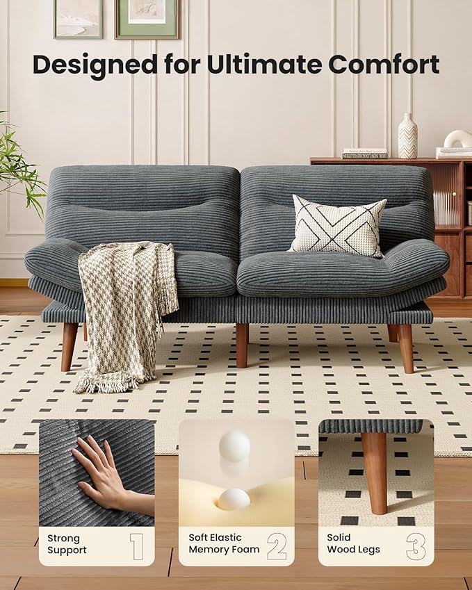 66″Futon Sofa Bed3-in-1 Futon Couch w/Adjustable Backrest &amp Armrests Convertible Sleeper Sofa Bed Small Folding Sleeper Recliner w/Removable Cushion for Apartment Living RoomOffice (66inGrey