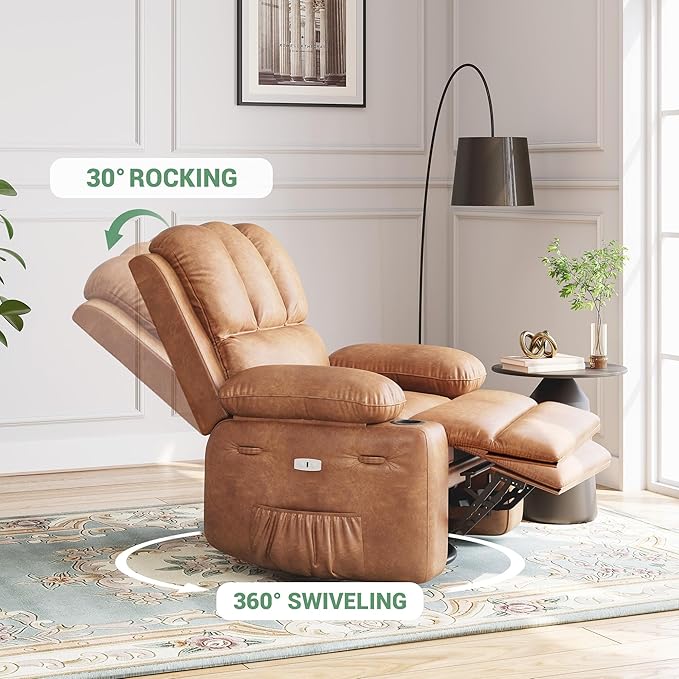 22 Wide Electric Recliner Chair for Adults Swivel Rocking Recliner with Massage &amp Heat PU Leather Lounge Chair with Remote and Cup Holders for Living Room Nursery Two-Tone Vintage