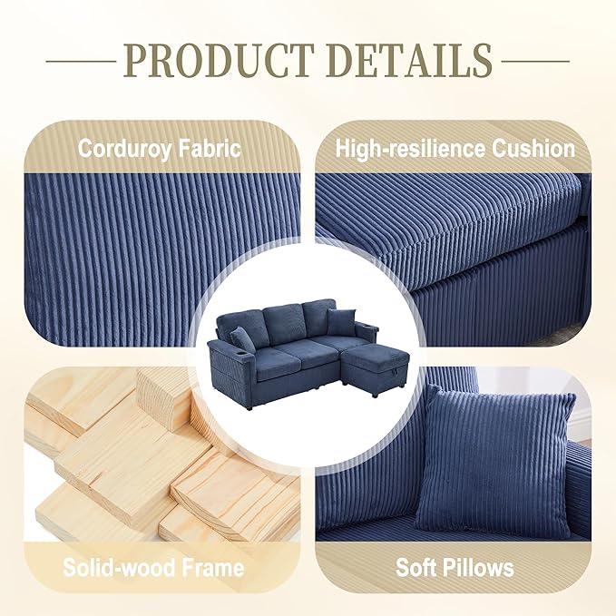 76'' Sectional Sofa Couches for Living Room 3 Seat L-Shaped Couch with Storage &amp Ottoman Corduroy Convertible Sofas with Chaise Apartment with USB Charging Cup Holder (Navy)